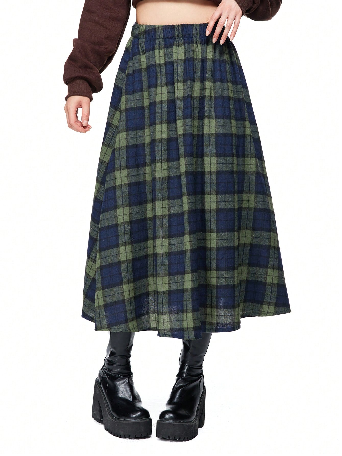 Fairycore Plaid Pattern Women Elastic Waist Midi Casual Skirt, Autumn