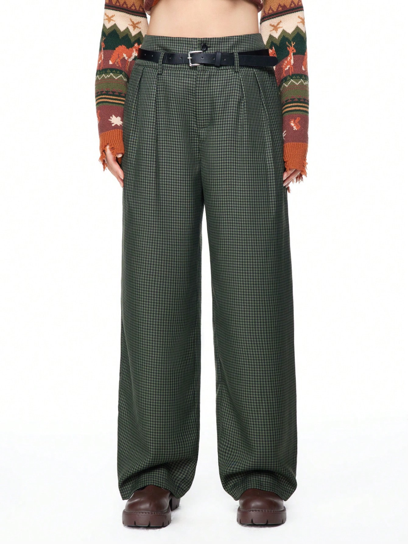 Fairycore Women's Fairycore Retro Plaid High Waist Double Layer Belted Pants