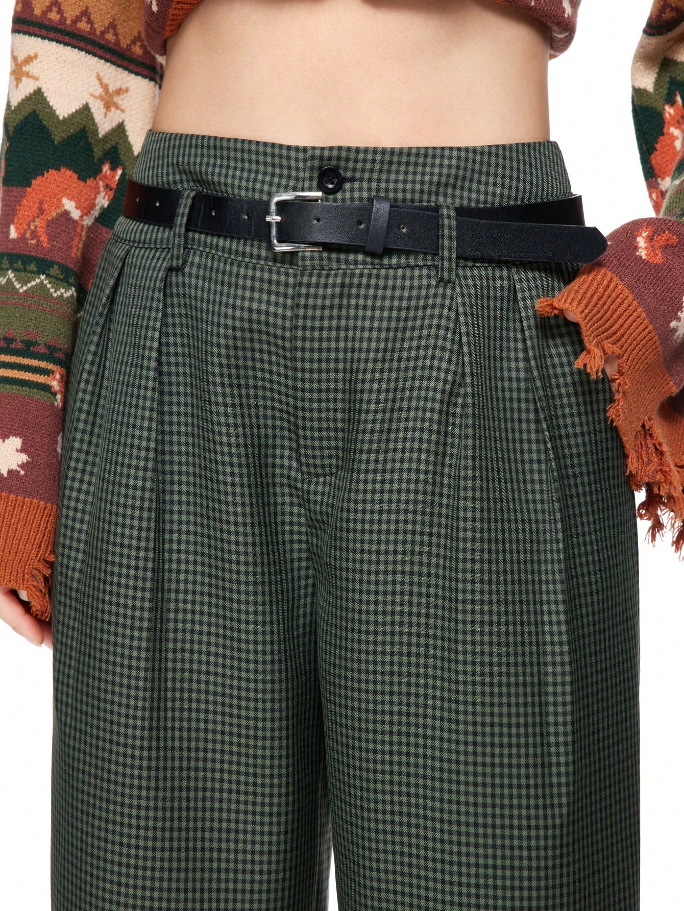 Fairycore Women's Fairycore Retro Plaid High Waist Double Layer Belted Pants