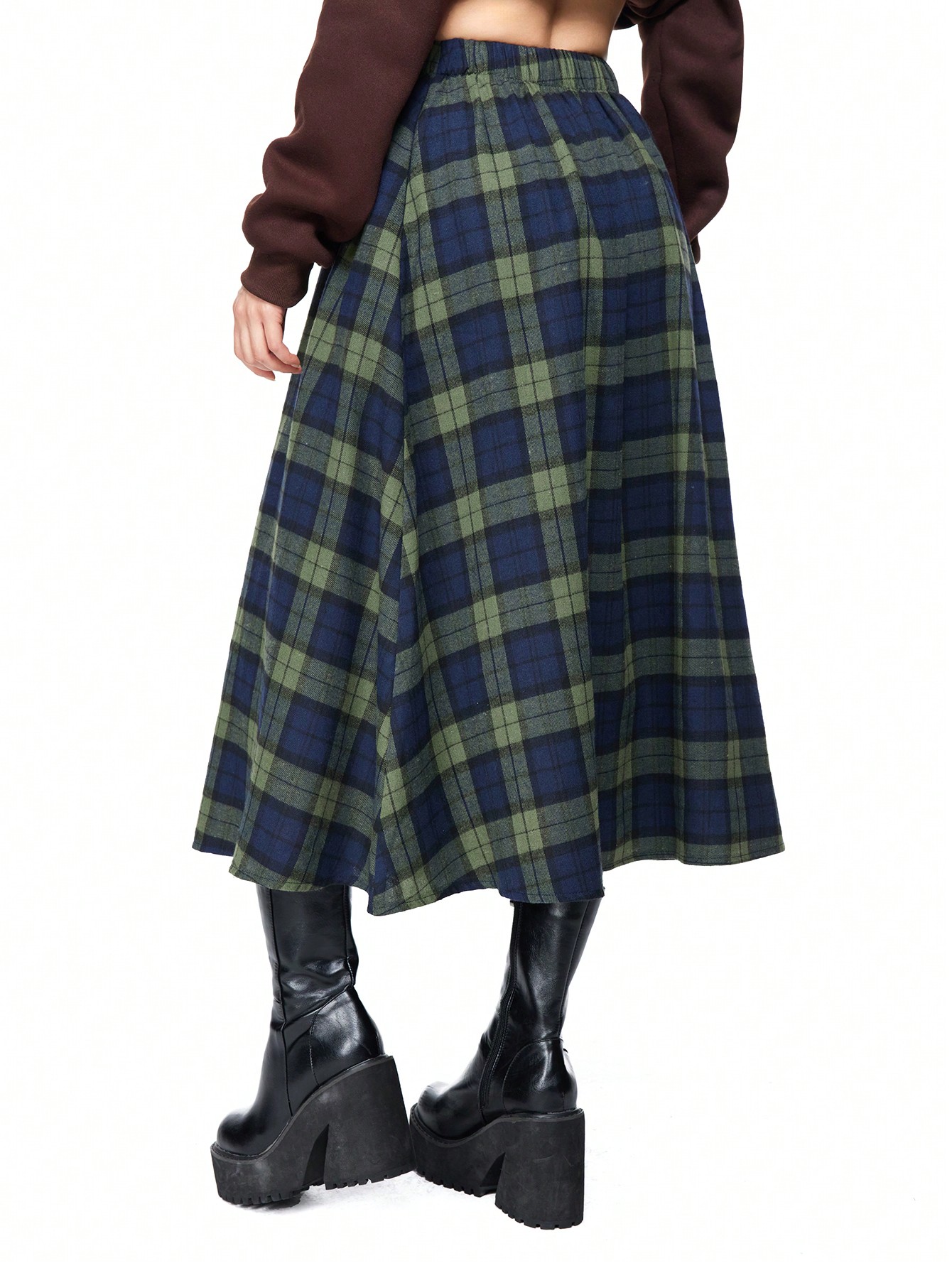 Fairycore Plaid Pattern Women Elastic Waist Midi Casual Skirt, Autumn