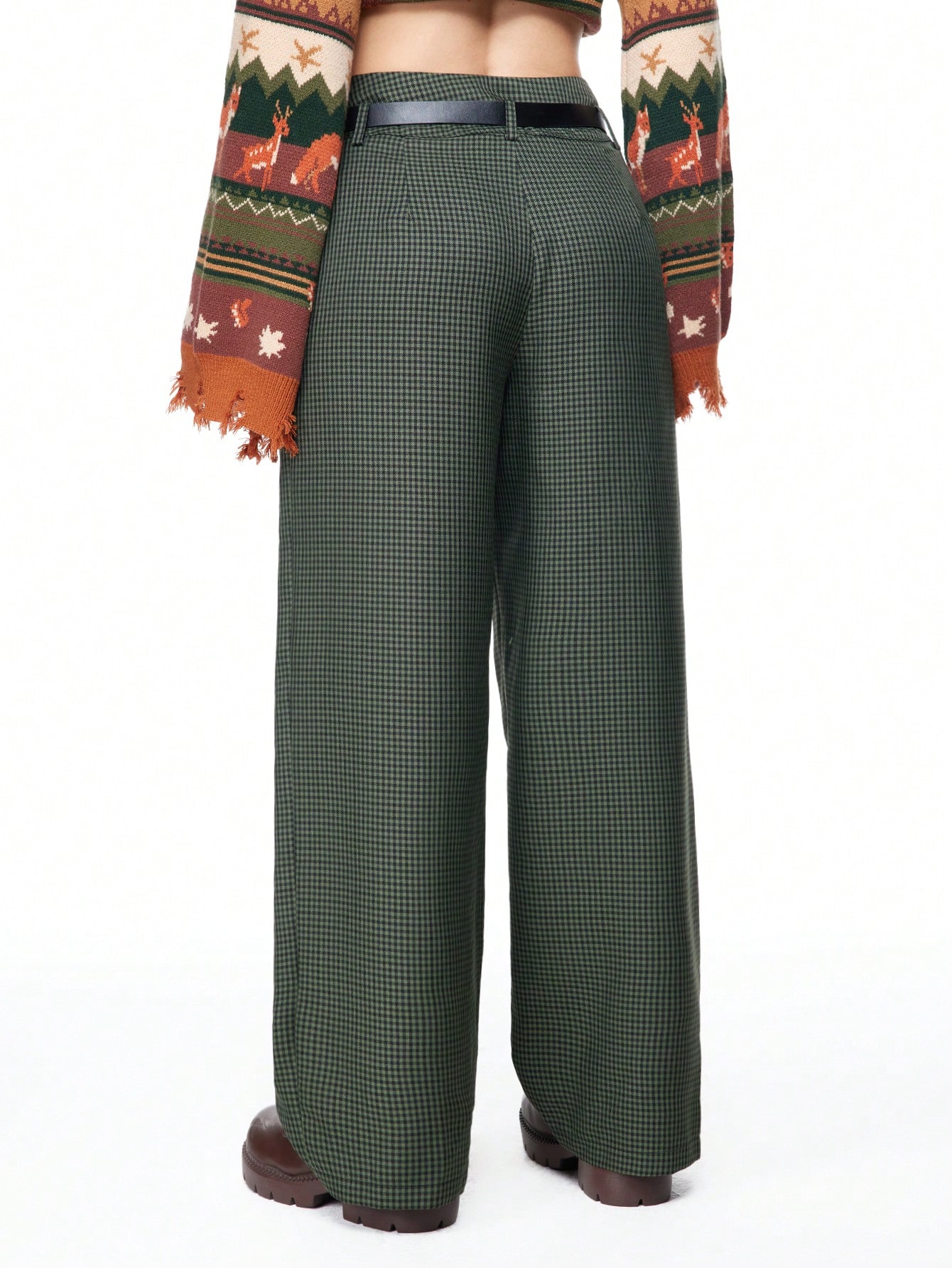 Fairycore Women's Fairycore Retro Plaid High Waist Double Layer Belted Pants