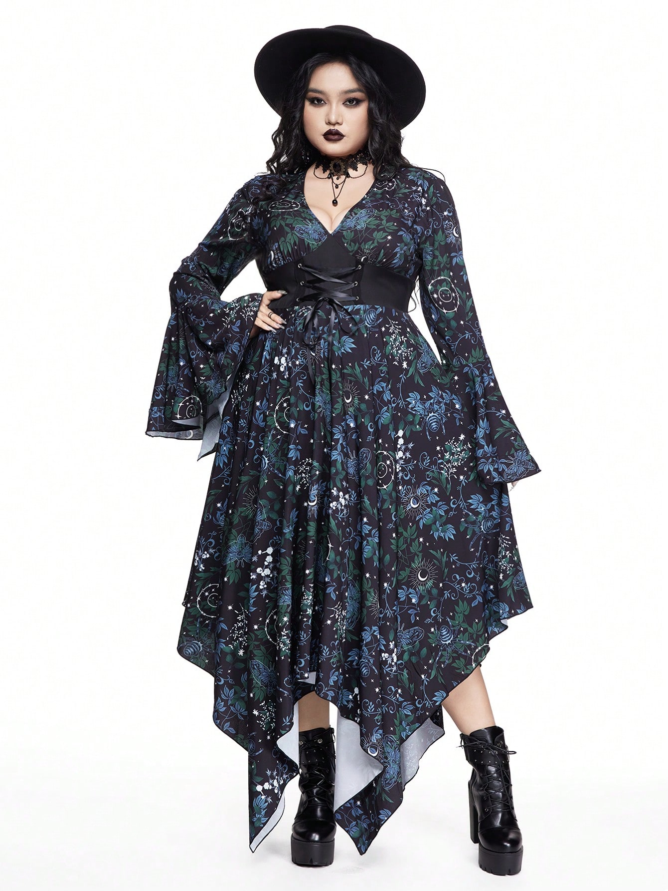 Goth Plus Size Sexy Gothic Deep V Flare Sleeve Asymmetrical Hem Floral Print Waist Cinched Dress