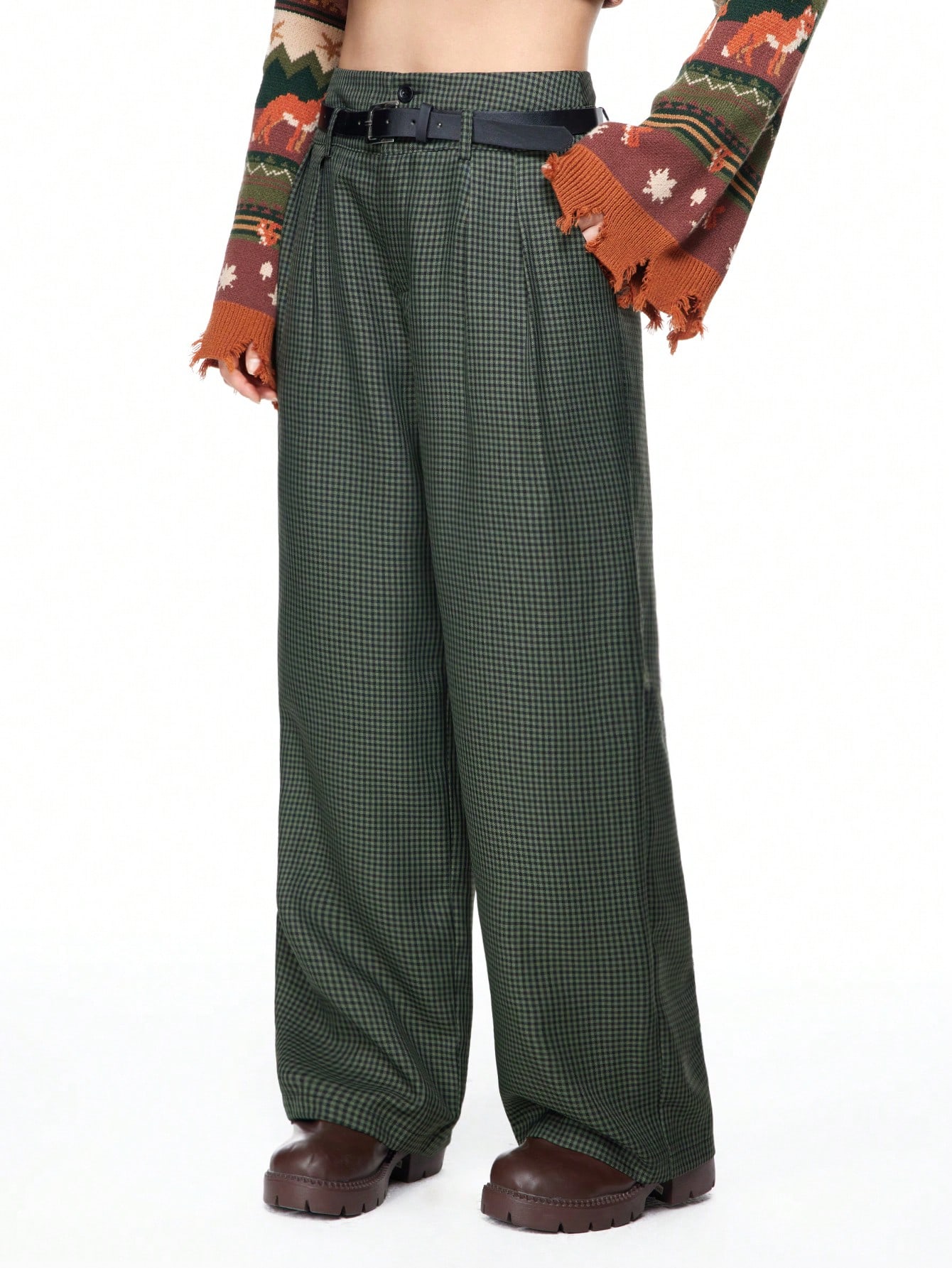 Fairycore Women's Fairycore Retro Plaid High Waist Double Layer Belted Pants