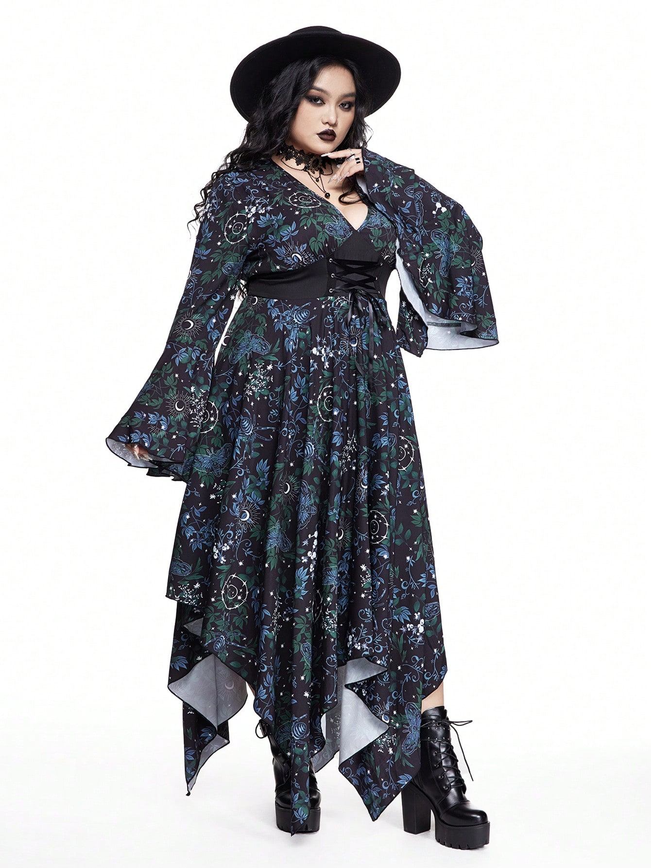 Goth Plus Size Sexy Gothic Deep V Flare Sleeve Asymmetrical Hem Floral Print Waist Cinched Dress