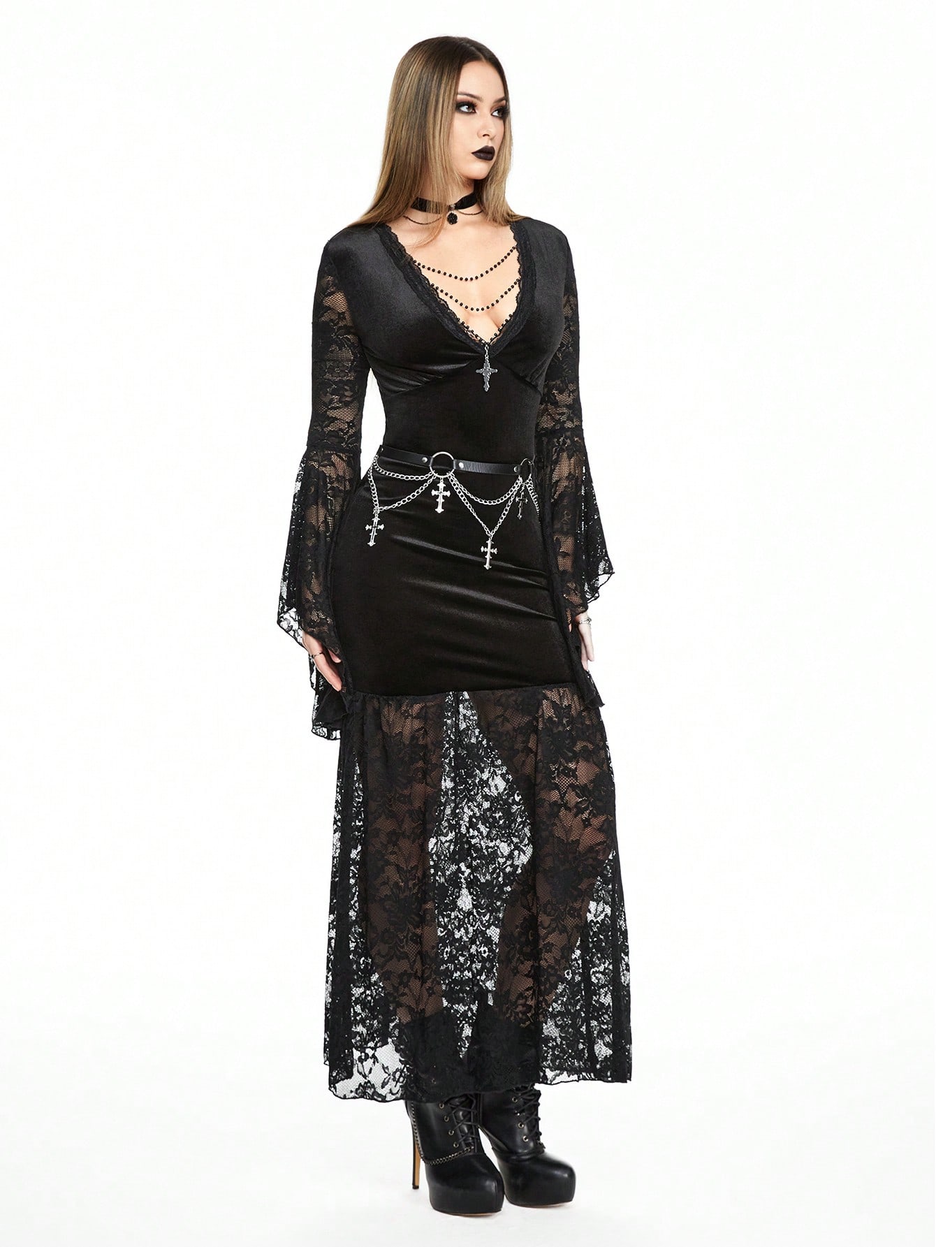 Goth Dark Gothic Vampire Choker Collar Faux Pearl Chain Lace Splice Deep V Flare Sleeve Dress, For New Year