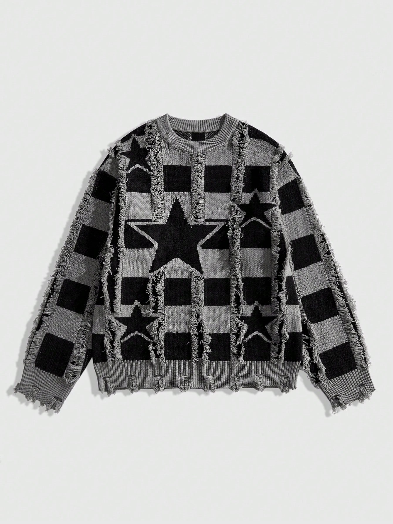 Street Life Men's Pattern Jacquard Frayed Edge Distressed Round Neck Long Sleeve Casual Pullover Top, Suitable For Daily Wear