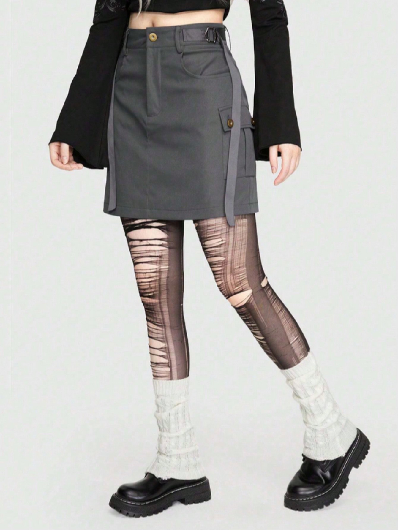 Goth 1 Set: 1 Pair White Warm Leg Warmers + 1 Pc Black Shapewear Pantyhose, Women Leg Warmers Set