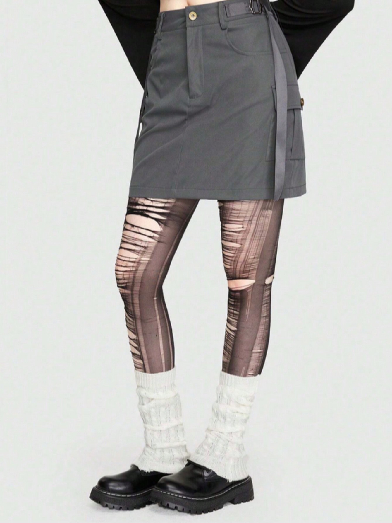 Goth 1 Set: 1 Pair White Warm Leg Warmers + 1 Pc Black Shapewear Pantyhose, Women Leg Warmers Set