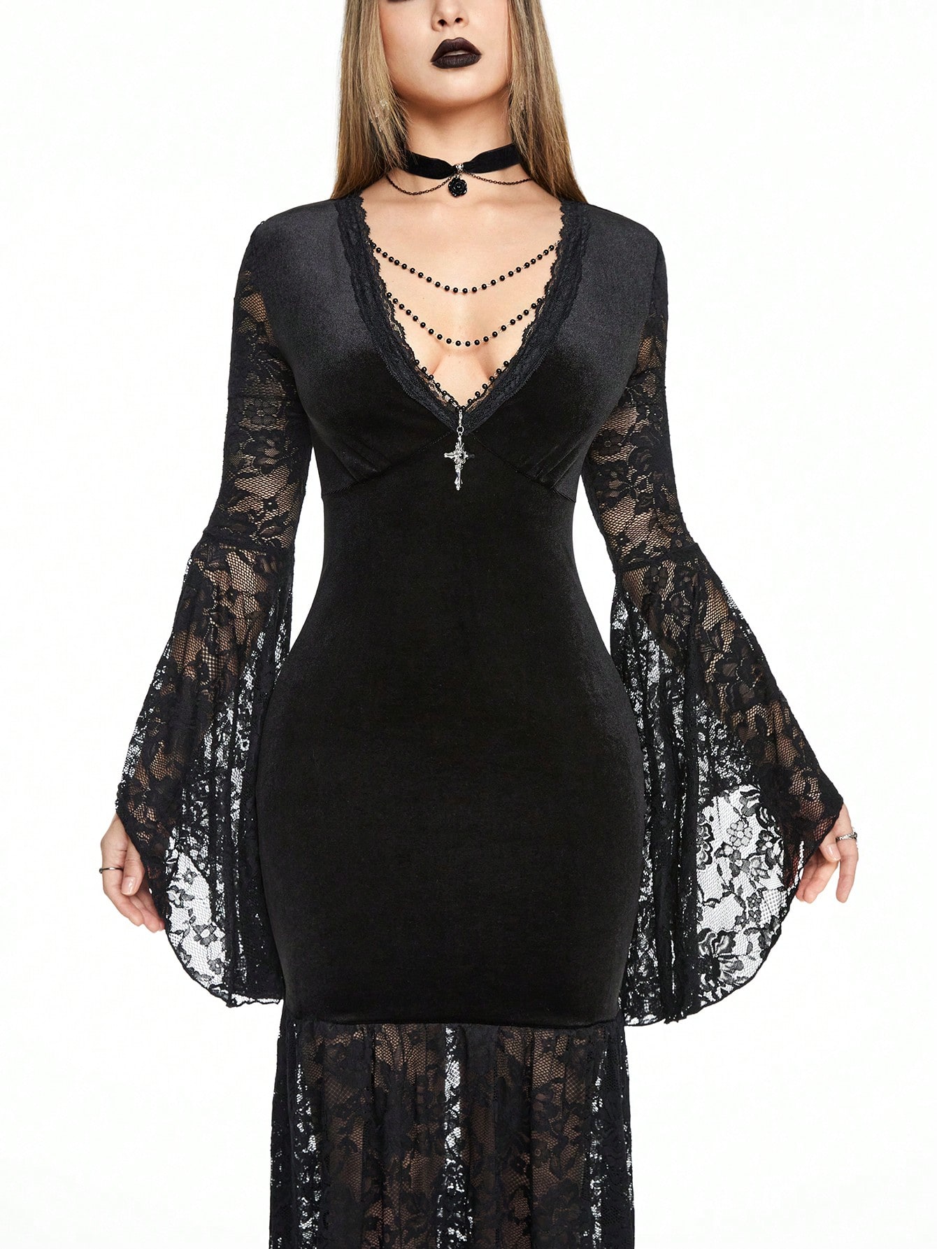Goth Dark Gothic Vampire Choker Collar Faux Pearl Chain Lace Splice Deep V Flare Sleeve Dress, For New Year