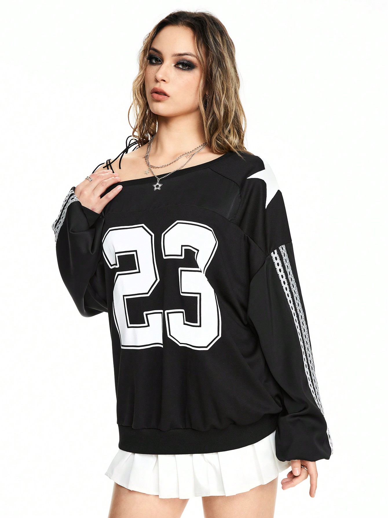 Women's Street Style Football Number Graphic Print Loose Asymmetrical Neck Satin Pullover Sweatshirt