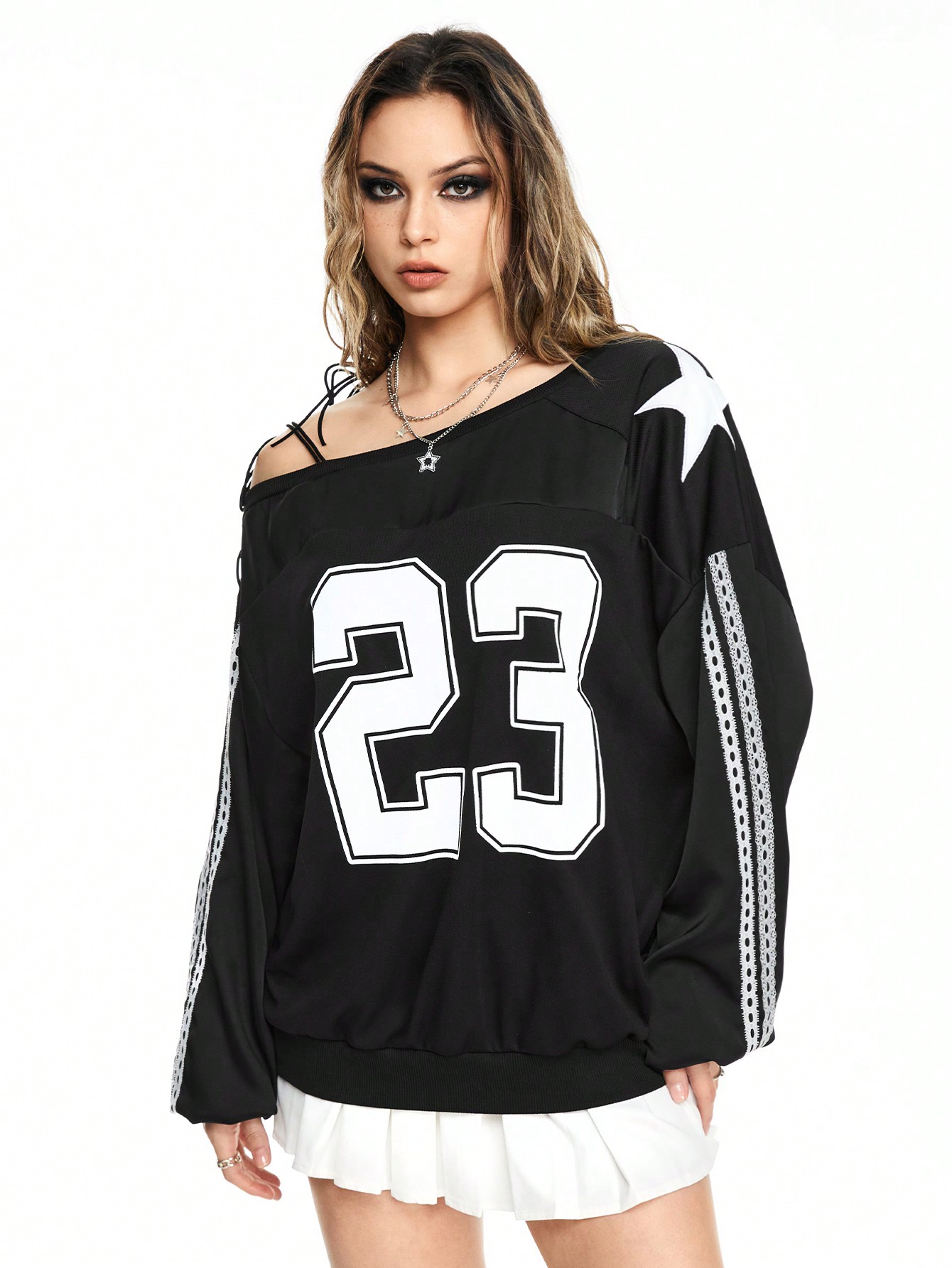 Women's Street Style Football Number Graphic Print Loose Asymmetrical Neck Satin Pullover Sweatshirt