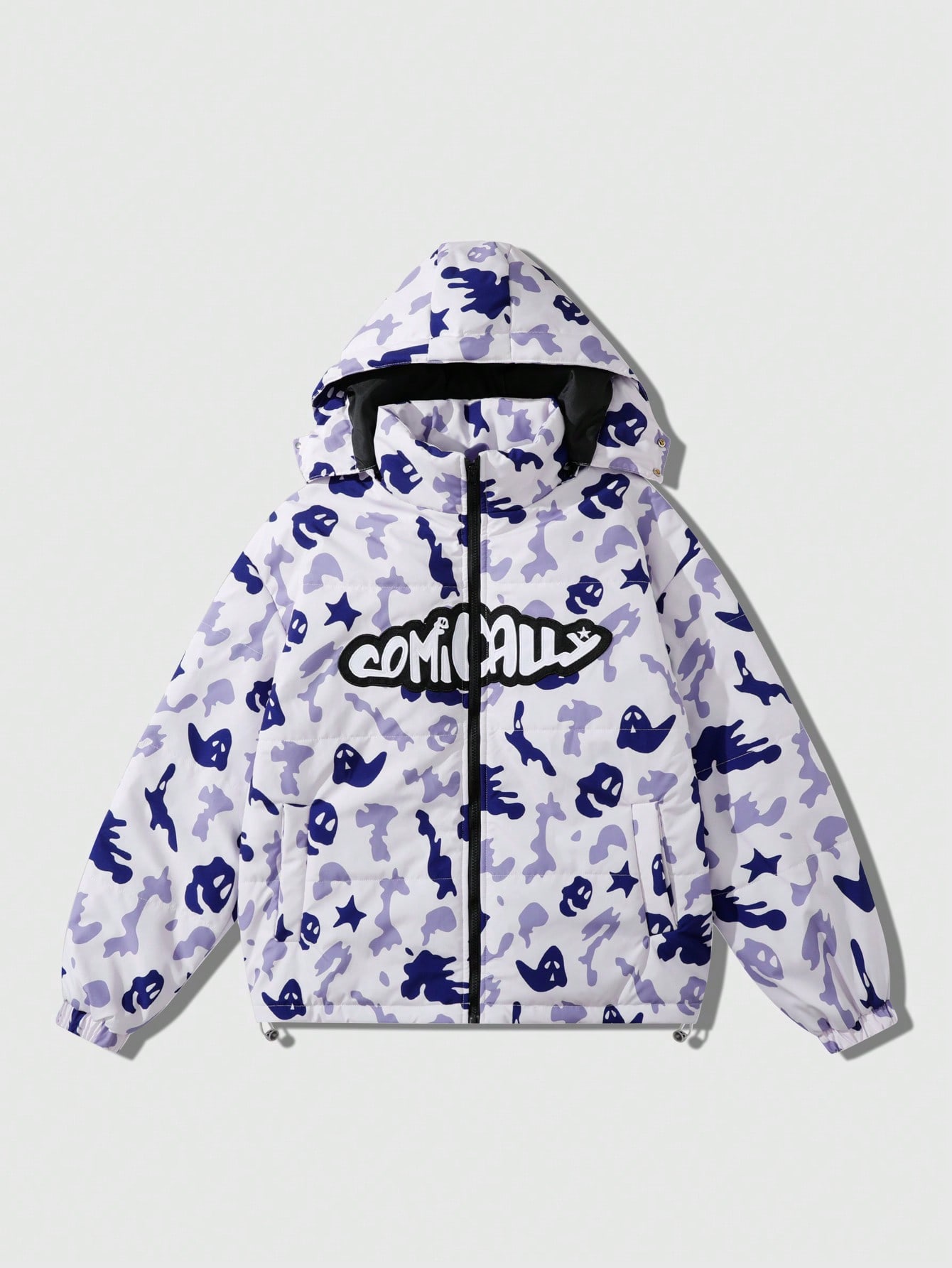 Grunge Punk Men's Winter Letter & Ghost Print Drop Shoulder Hooded Padded Coat