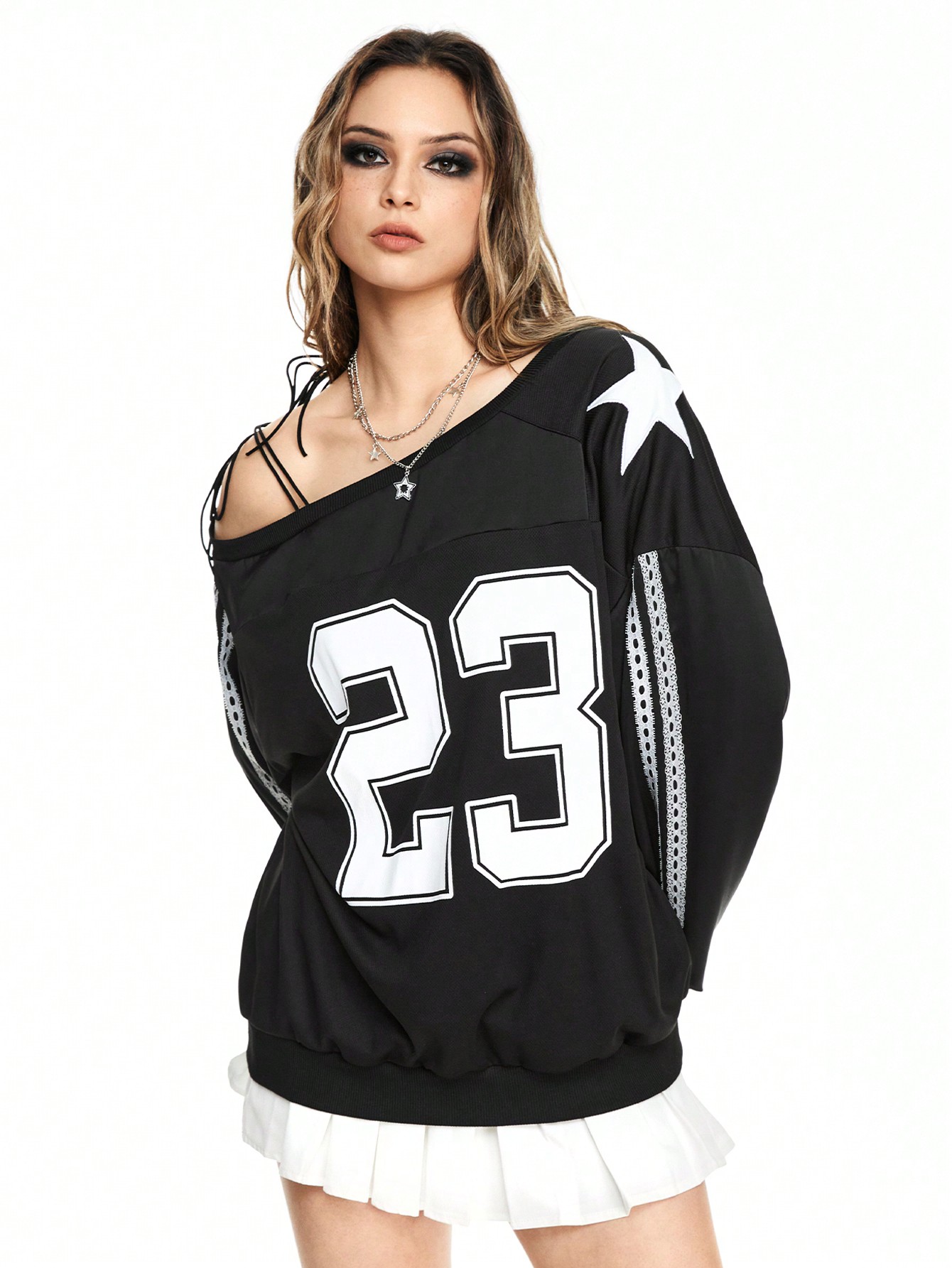 Women's Street Style Football Number Graphic Print Loose Asymmetrical Neck Satin Pullover Sweatshirt