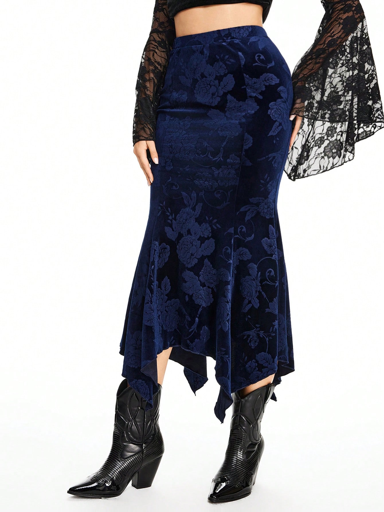 Hippie Hippie Velvet Embossed Asymmetrical Hem Women Skirt