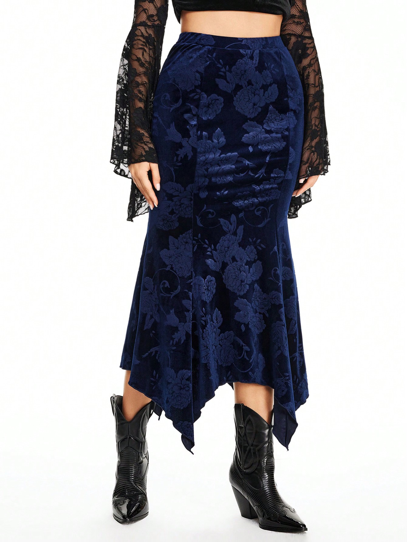 Hippie Hippie Velvet Embossed Asymmetrical Hem Women Skirt