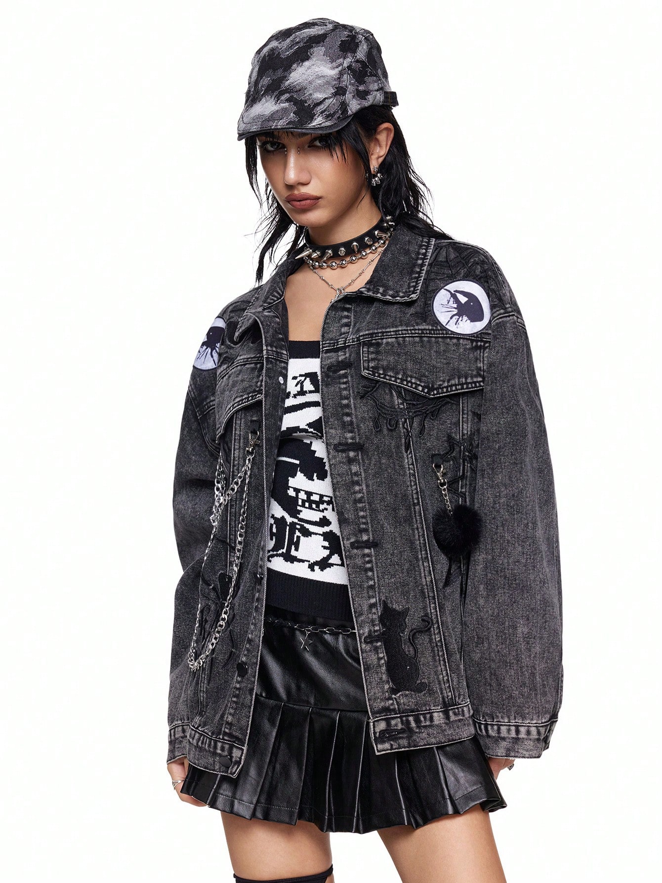 Grunge Punk Grunge Punk Distressed Rock Band Party Denim Jacket With Washing, Chain, Embroidered Spider, And Fuzzy Star Eyes Decor, Oversized For Women