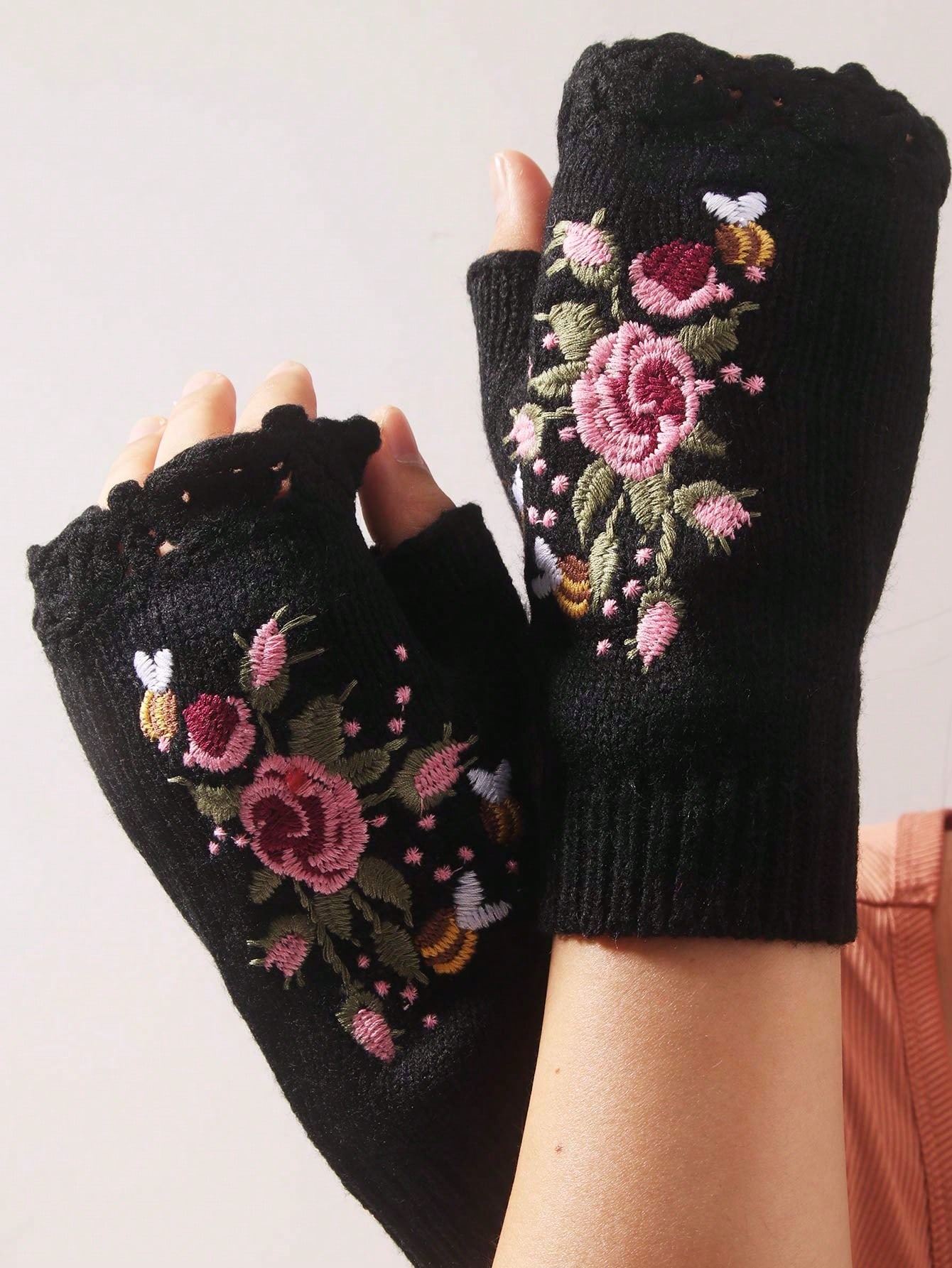 Fairycore 1 Pair Embroidered Floral & Plant Knitted Warm Fingerless Gloves For Winter Valentines
