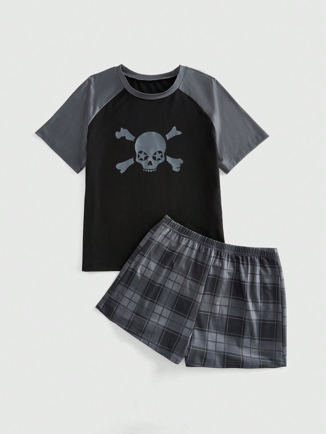 Goth Dark Goth Style Skeleton Print Drop Shoulder Contrast Color T-Shirt & Plaid Shorts Loungewear Set