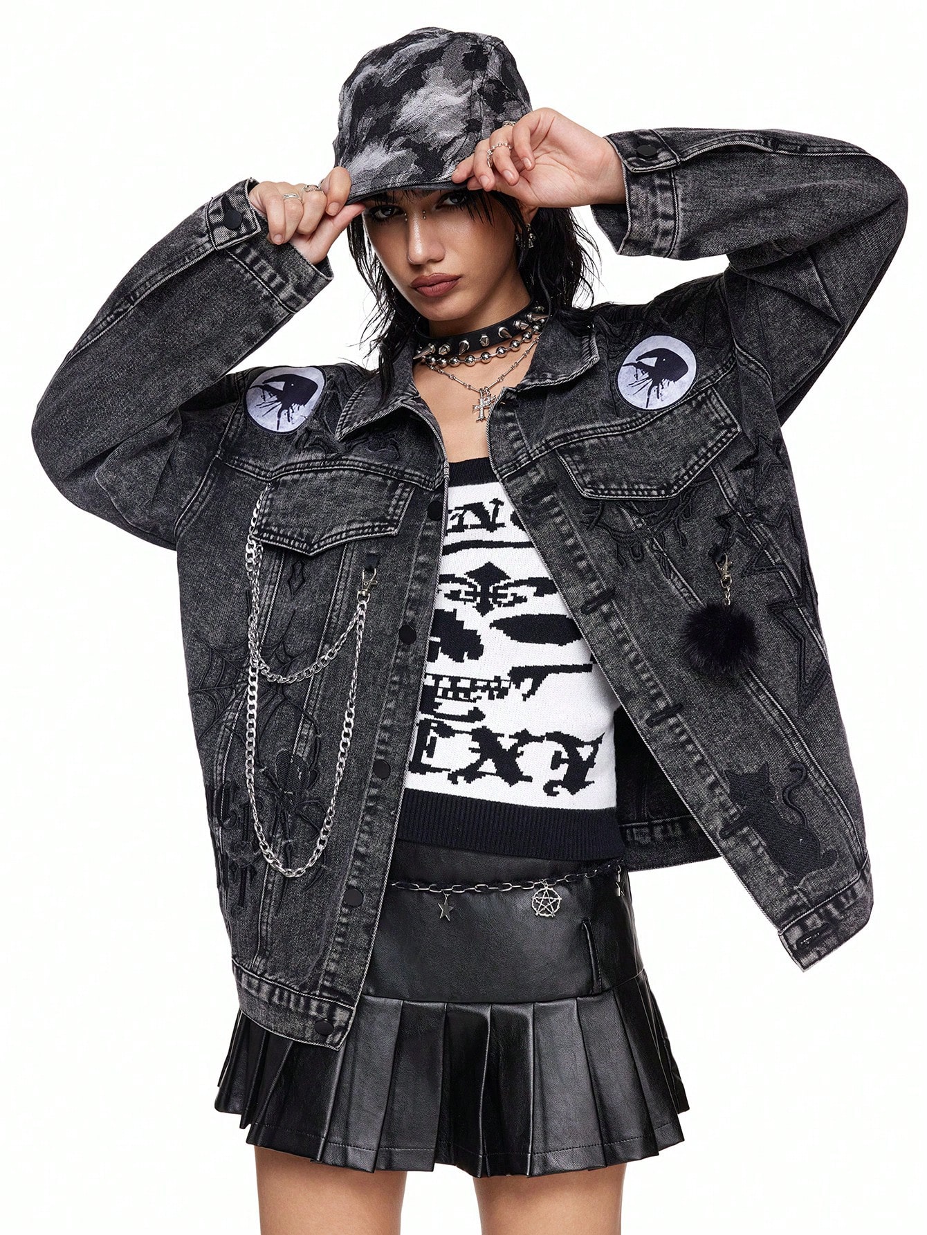 Grunge Punk Grunge Punk Distressed Rock Band Party Denim Jacket With Washing, Chain, Embroidered Spider, And Fuzzy Star Eyes Decor, Oversized For Women