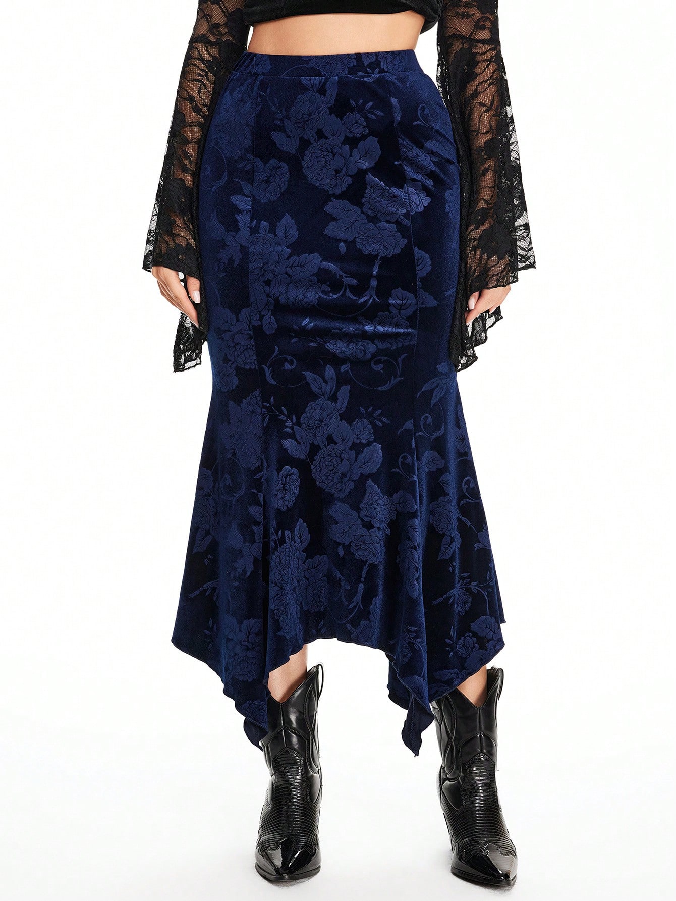 Hippie Hippie Velvet Embossed Asymmetrical Hem Women Skirt