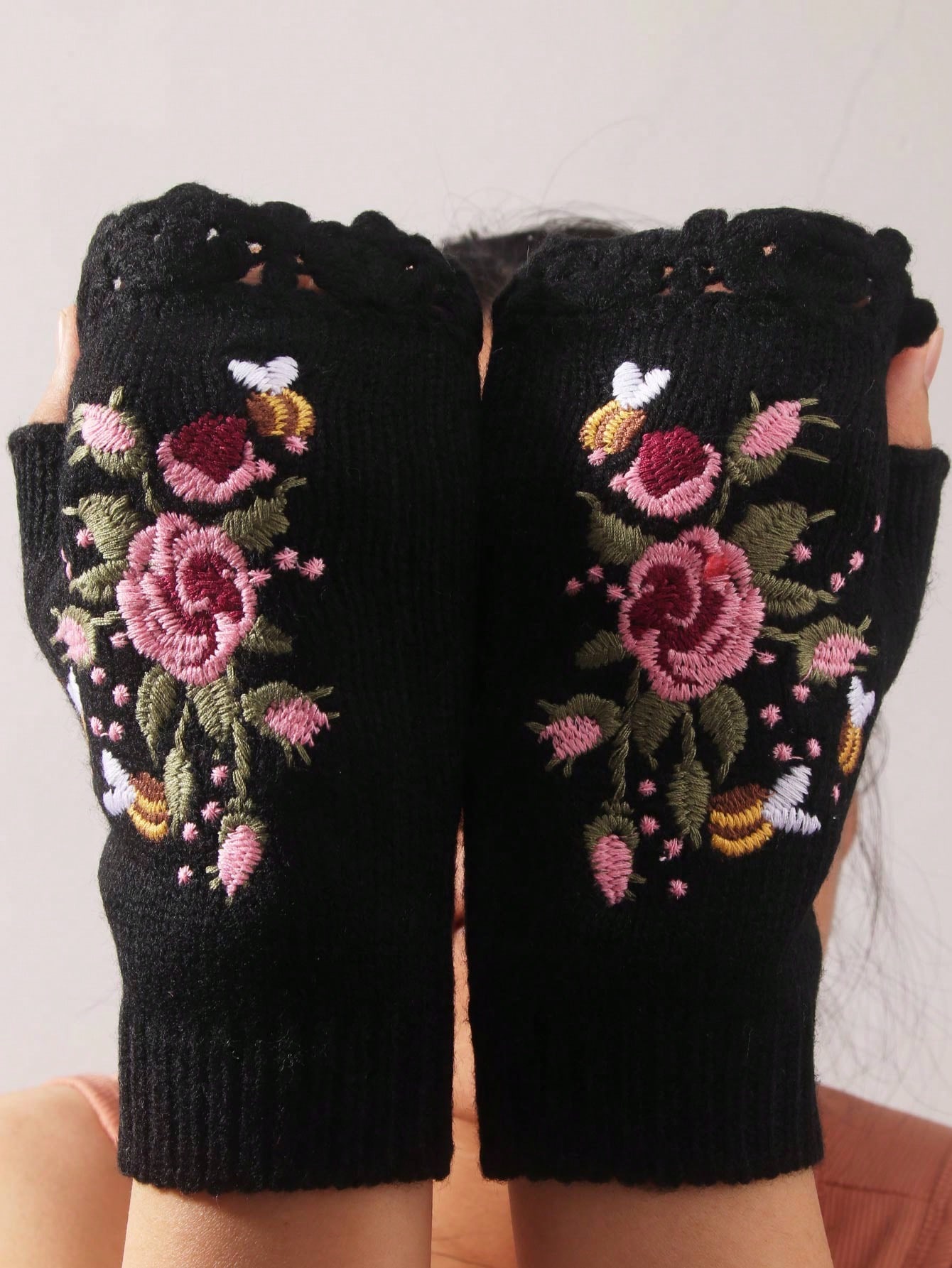 Fairycore 1 Pair Embroidered Floral & Plant Knitted Warm Fingerless Gloves For Winter Valentines