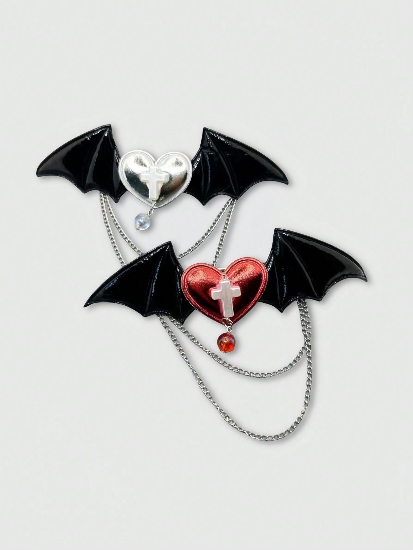 Goth 2pcs Gothic Style Devil Wings & Cross Heart Hair Clips Valentines