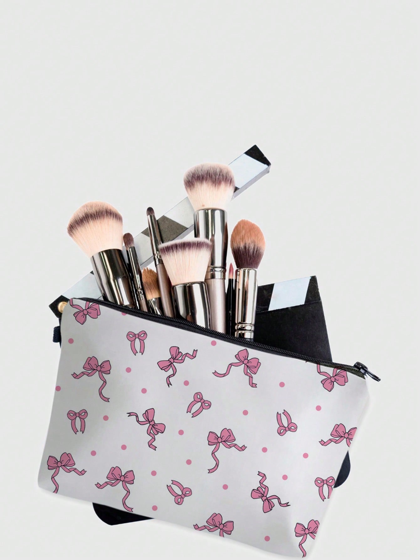 Kawaii Floral Style 749146 White Base Bow-Tie Polyester Portable Zipper Cosmetic Bag, Women's Makeup Bag, Travel Toiletry Organizer, Holiday Gift