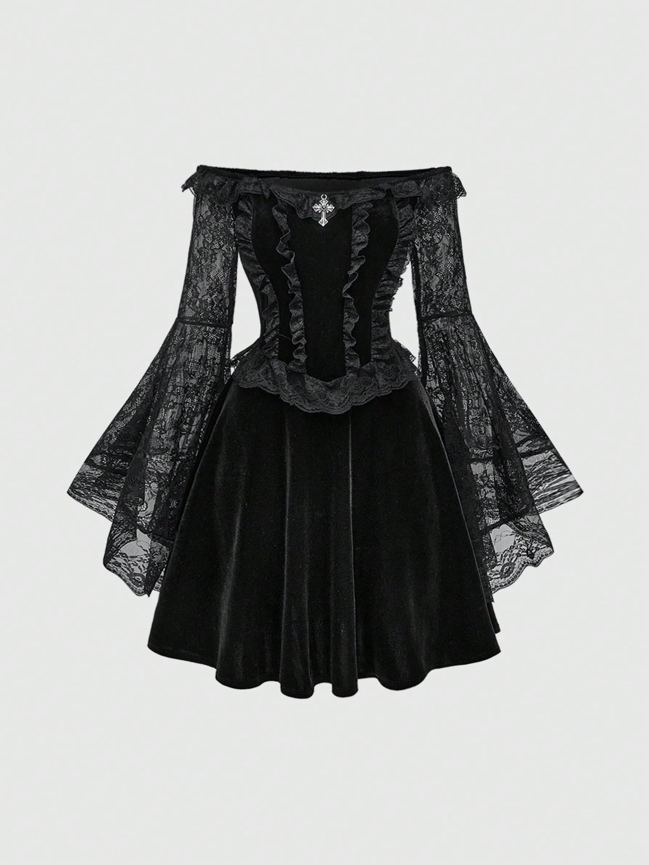 Goth Vintage Baroque Style Patchwork Velvet & Lace Flare Sleeve Cross Pendant Decorated Mini Dress For Women, For New Year