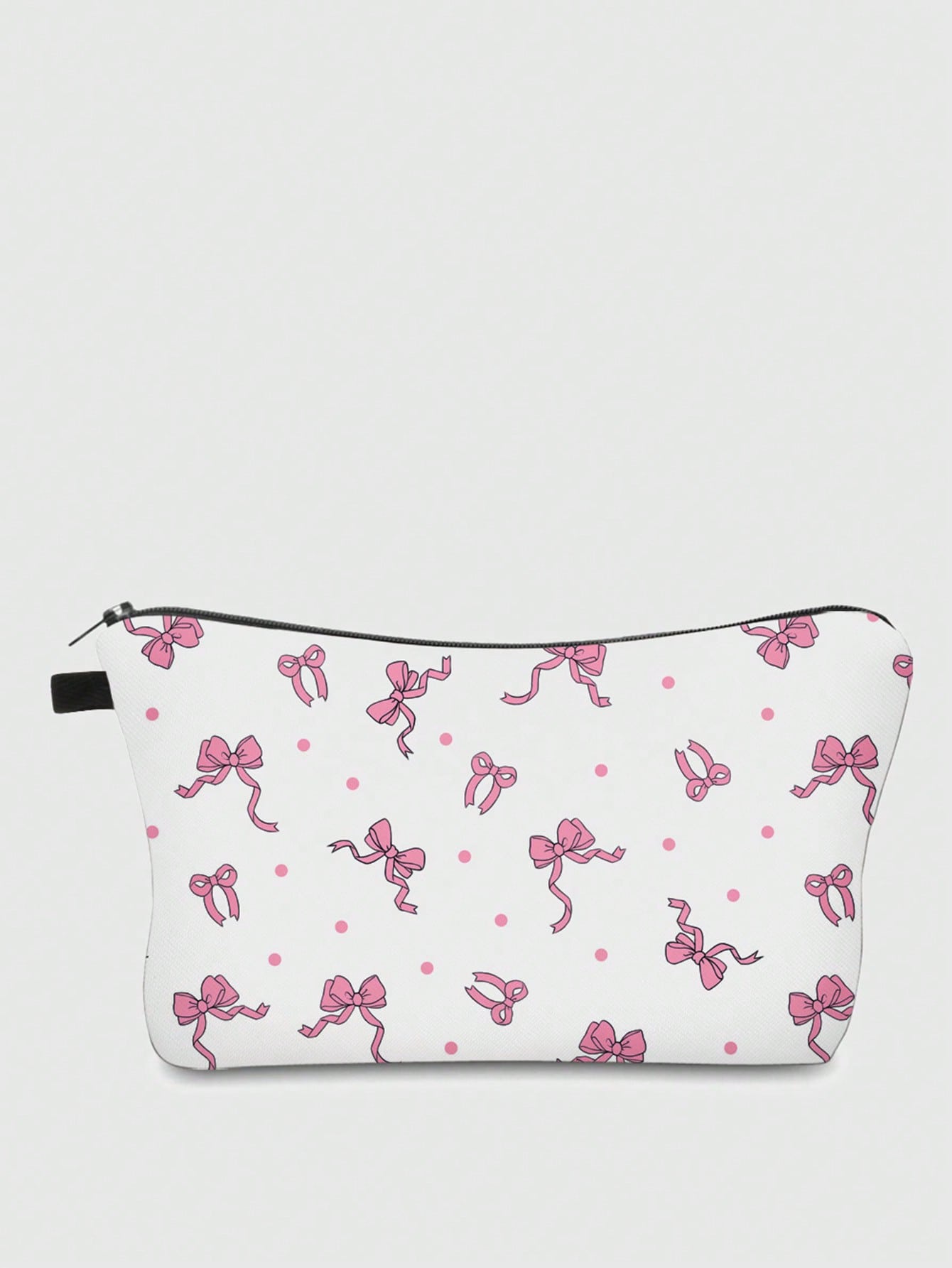 Kawaii Floral Style 749146 White Base Bow-Tie Polyester Portable Zipper Cosmetic Bag, Women's Makeup Bag, Travel Toiletry Organizer, Holiday Gift