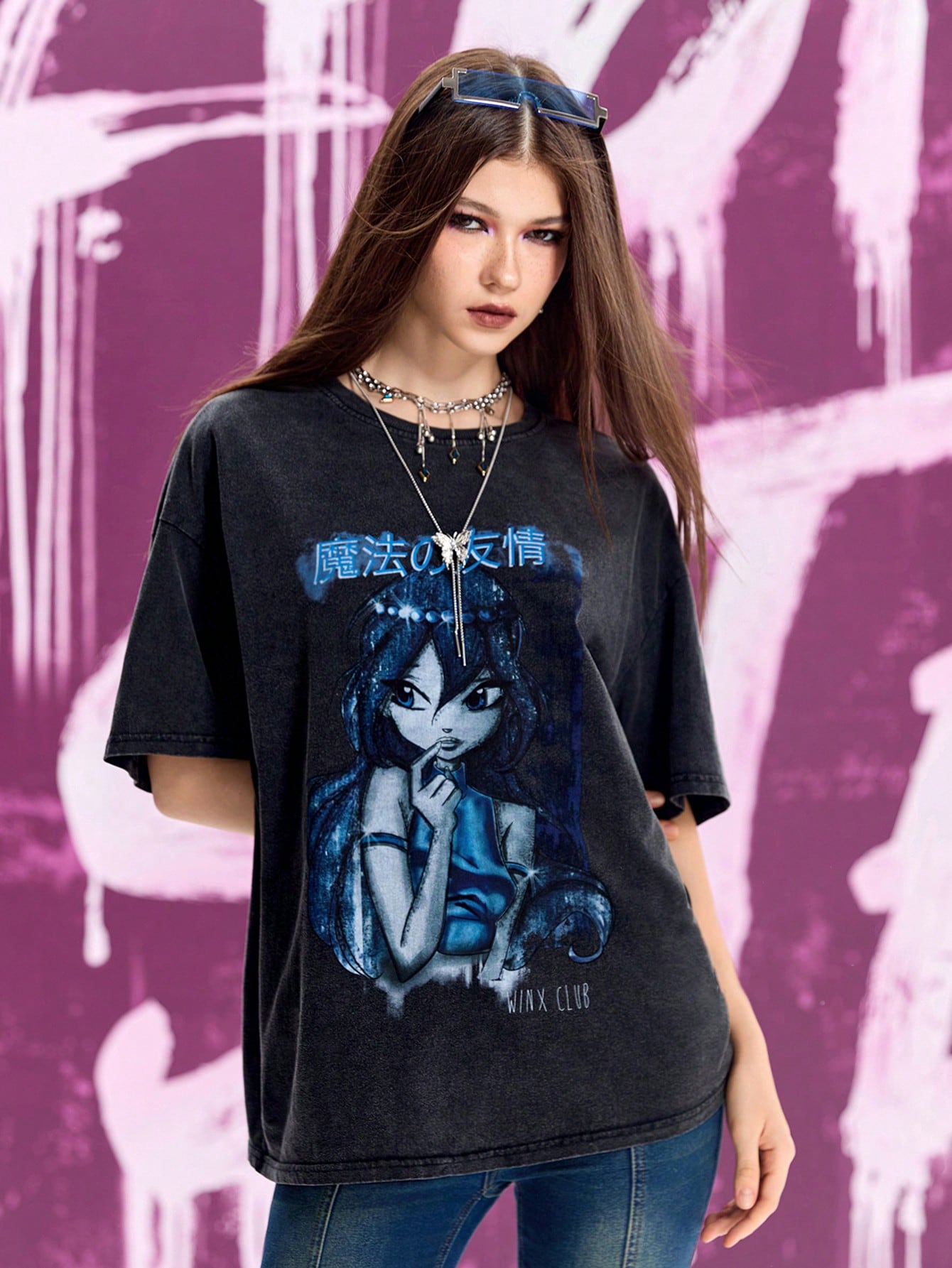 Winx Club X ROMWE Women Casual Cartoon Character & Letter Print Drop Shoulder Loose T-Shirt, Summer