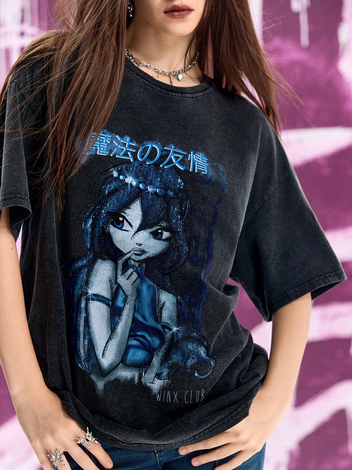 Winx Club X ROMWE Women Casual Cartoon Character & Letter Print Drop Shoulder Loose T-Shirt, Summer