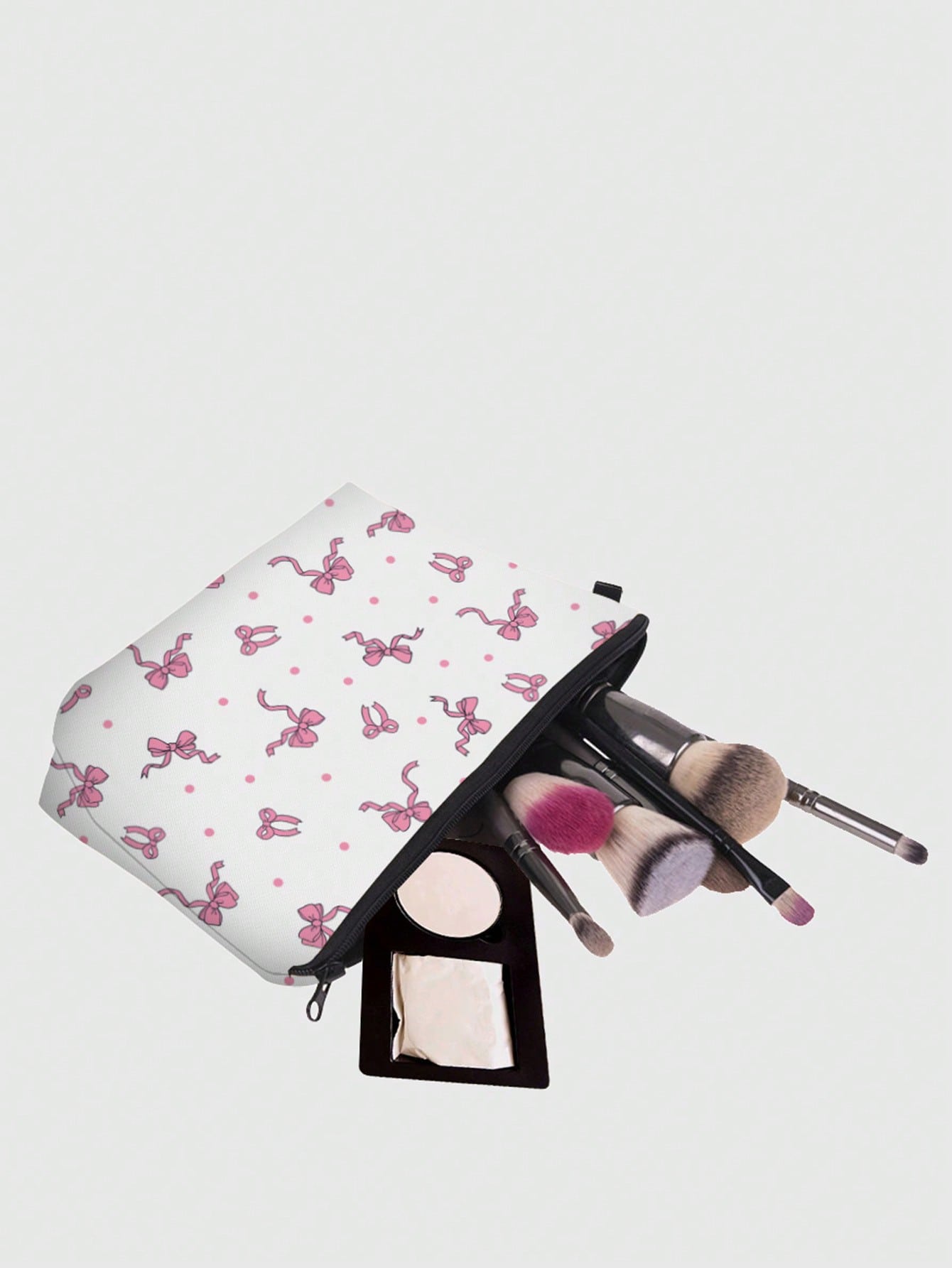 Kawaii Floral Style 749146 White Base Bow-Tie Polyester Portable Zipper Cosmetic Bag, Women's Makeup Bag, Travel Toiletry Organizer, Holiday Gift