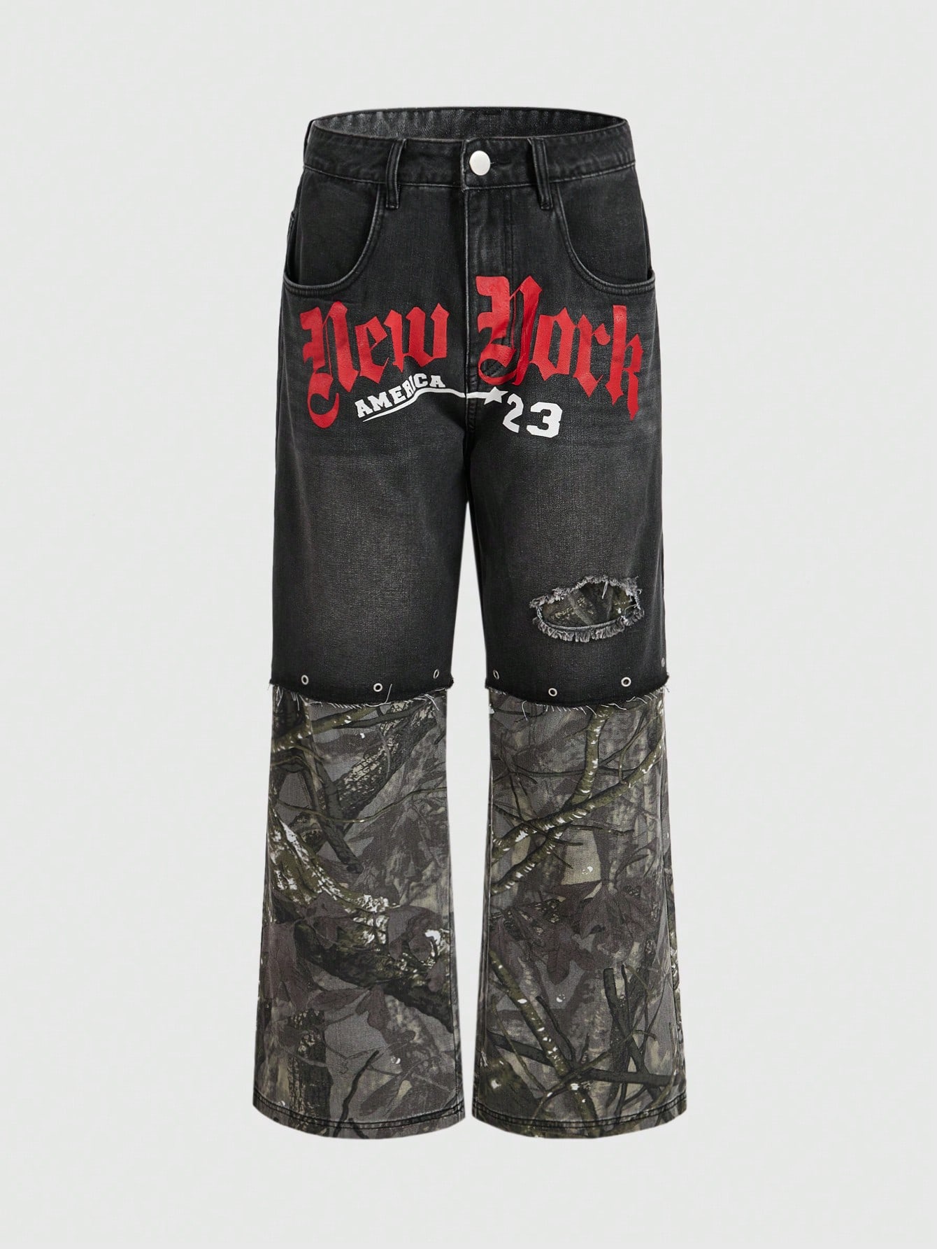 Street Life Men's Casual Streetwear Letter & Tree Print Raw Edge Loose Straight 2 In 1 Jeans
