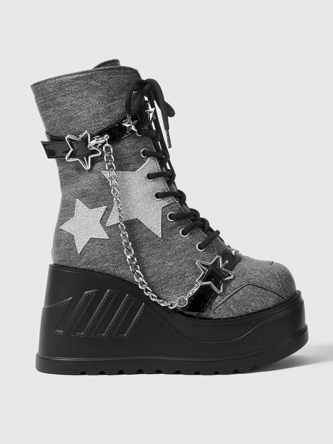 Grunge Punk European & American Style Blue Platform Wedge Heel Gothic Boots With Laces, Rivets, Chains, Punk Ankle Boots For Women New Year Holiday