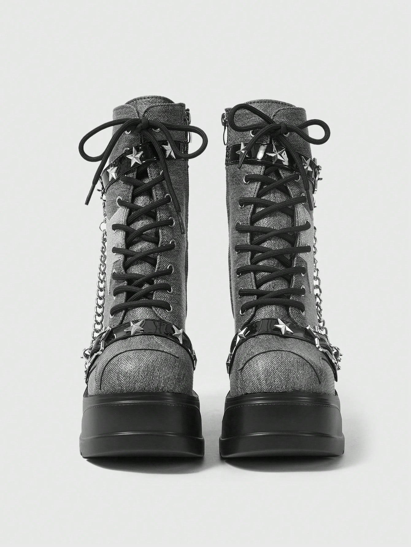 Grunge Punk European & American Style Blue Platform Wedge Heel Gothic Boots With Laces, Rivets, Chains, Punk Ankle Boots For Women New Year Holiday