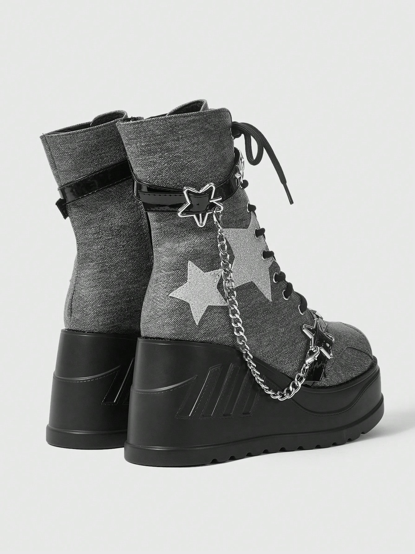 Grunge Punk European & American Style Blue Platform Wedge Heel Gothic Boots With Laces, Rivets, Chains, Punk Ankle Boots For Women New Year Holiday