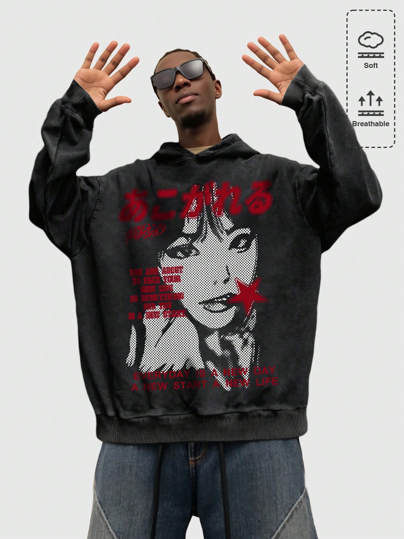 Anime Men Washed Figure Graphic Print Hoodie Sweatshirt
