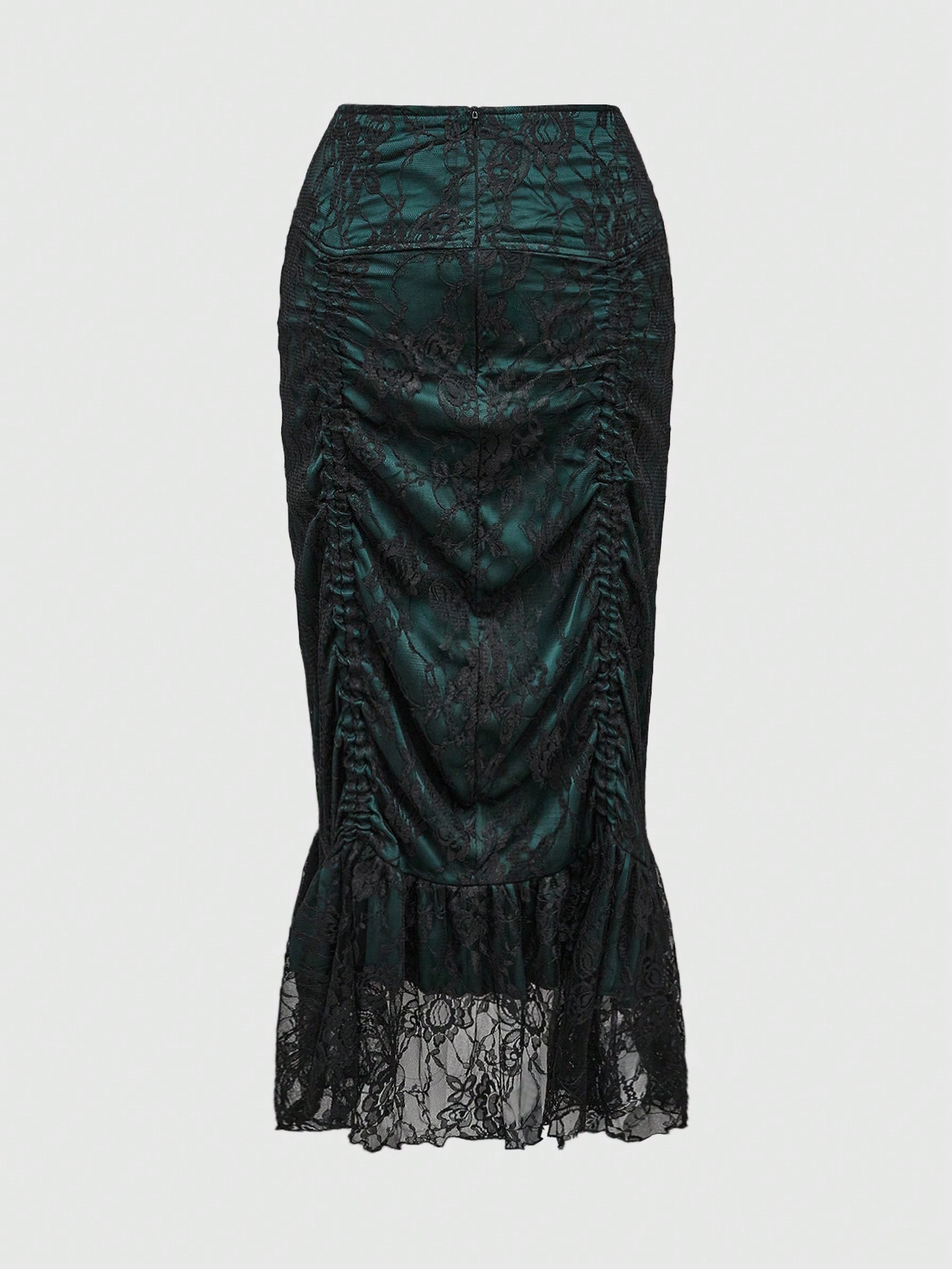 Goth Christmas Vintage Gothic Dark Green And Black Lace Pleated Adjustable Waistline Skirt, Reversible