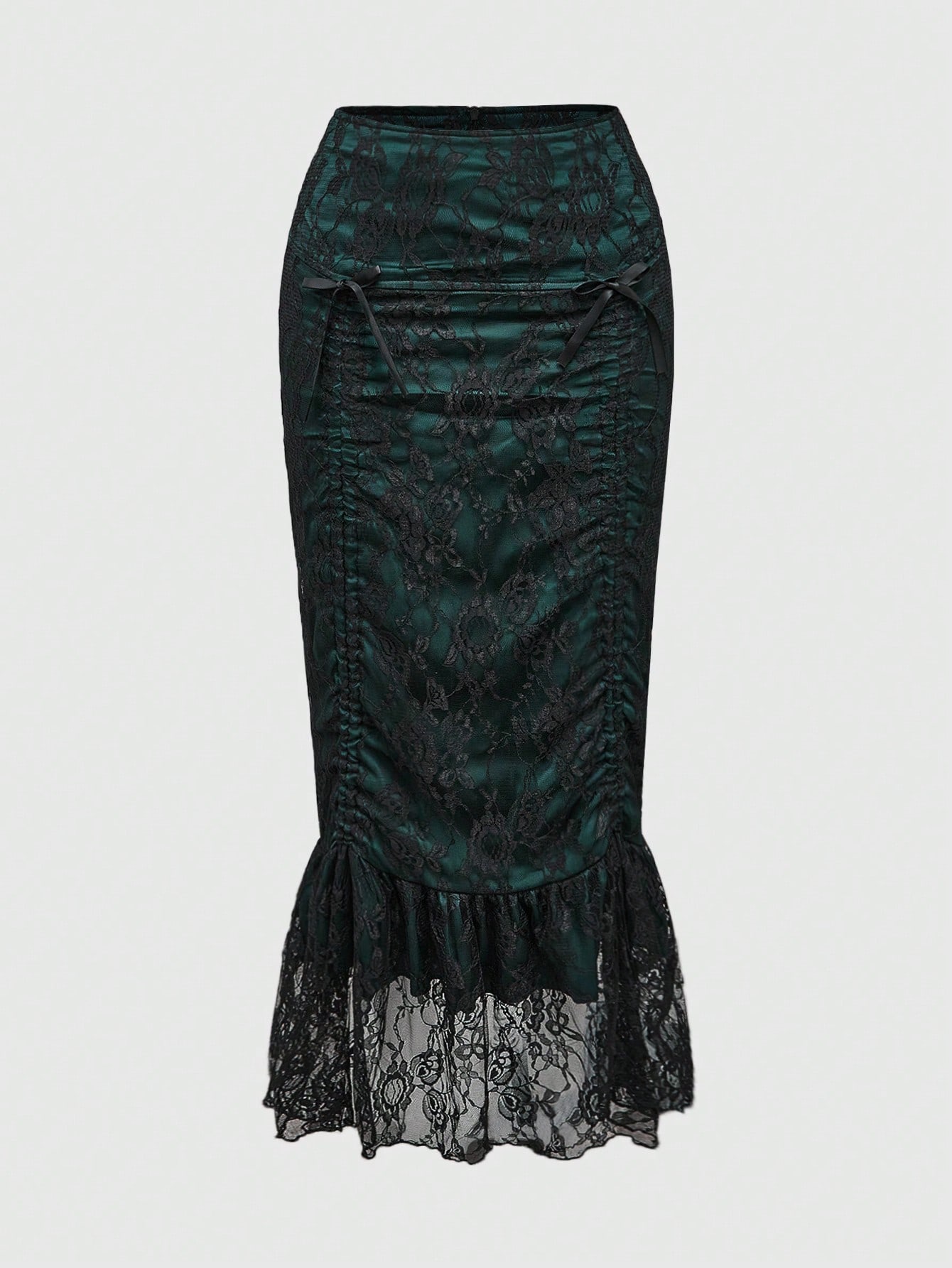 Goth Christmas Vintage Gothic Dark Green And Black Lace Pleated Adjustable Waistline Skirt, Reversible