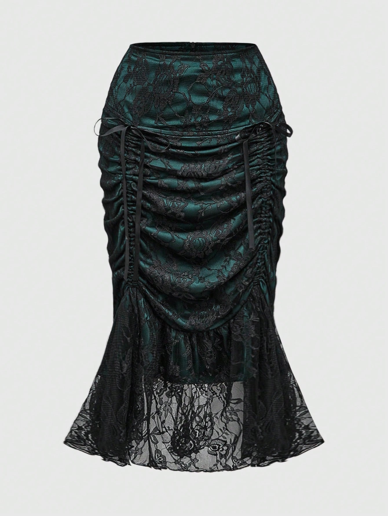 Goth Christmas Vintage Gothic Dark Green And Black Lace Pleated Adjustable Waistline Skirt, Reversible