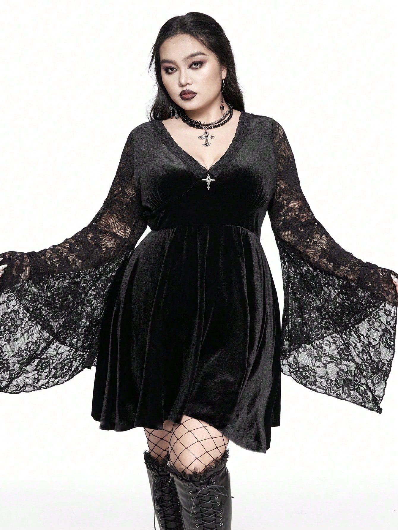 Goth Goth Style Velvet & Contrast Lace Flare Sleeve Cross Metal Decor Bodycon Plus Size Dress, For Winter, For New Year