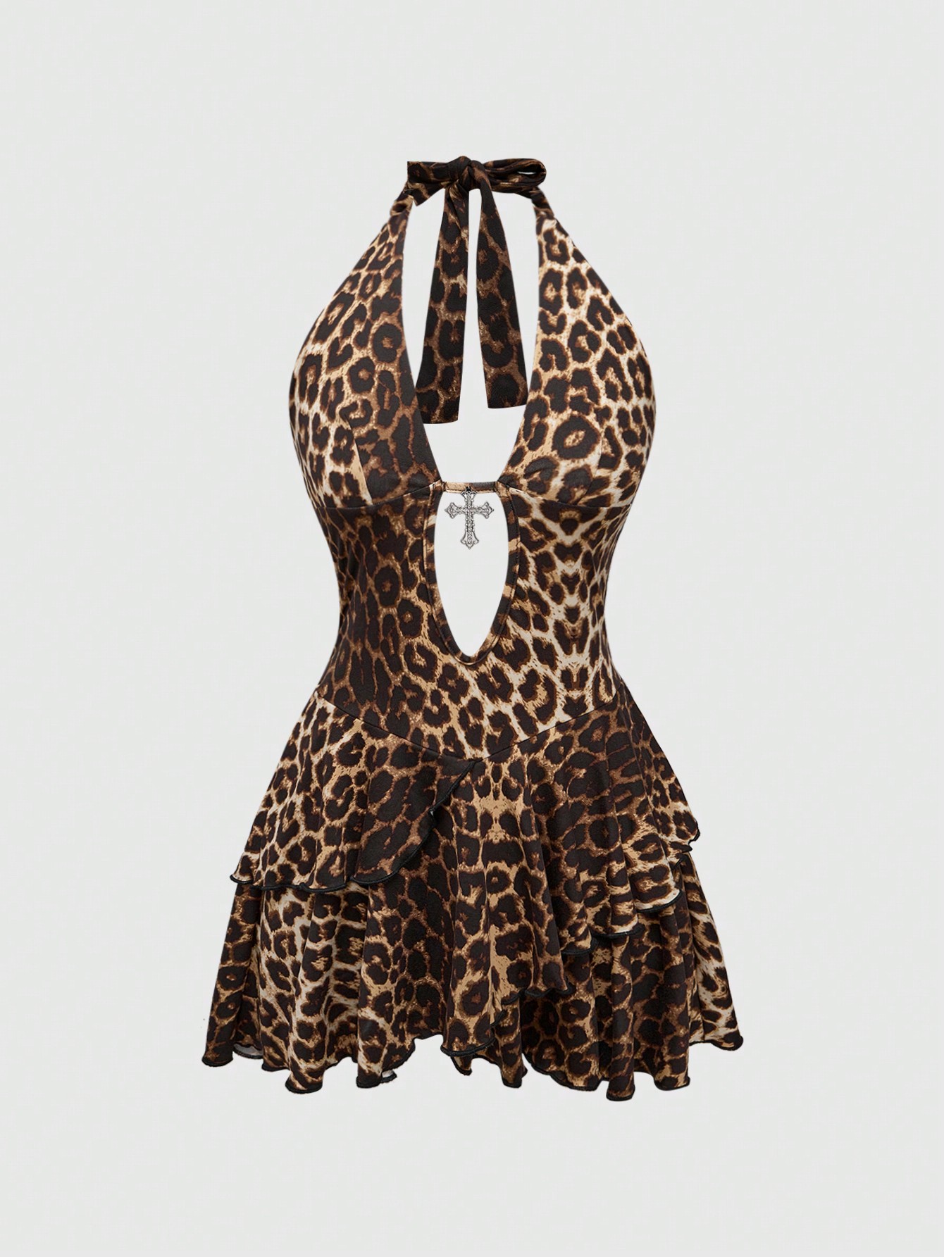 J-Fashion Women Plus Size Y2K Gyaru Retro Subculture Sexy Halter Cross Ruffle Hem Leopard Print Mini Dress