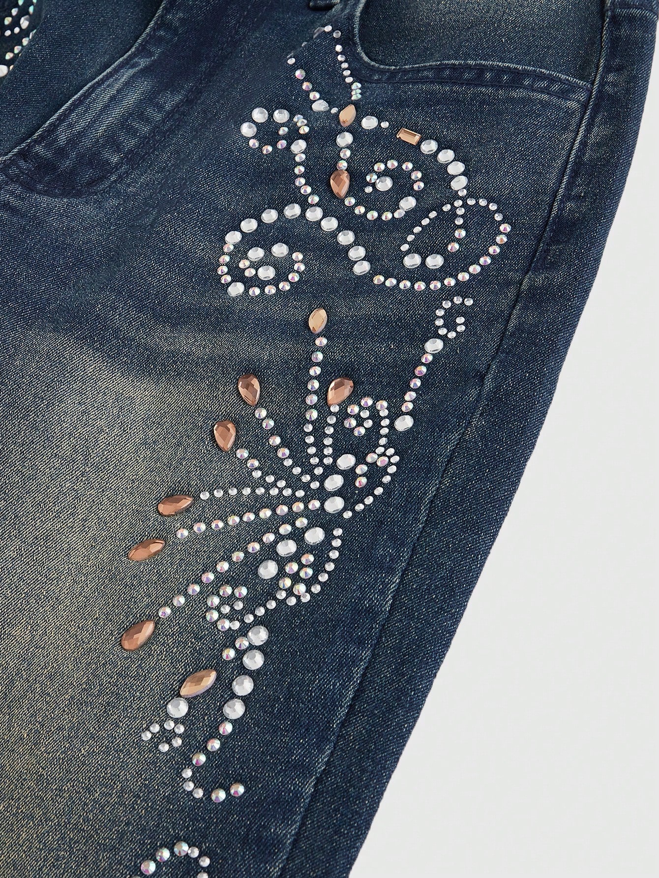 Women Punk Retro Luxury Rhinestone Embellished Flared Denim Jeans