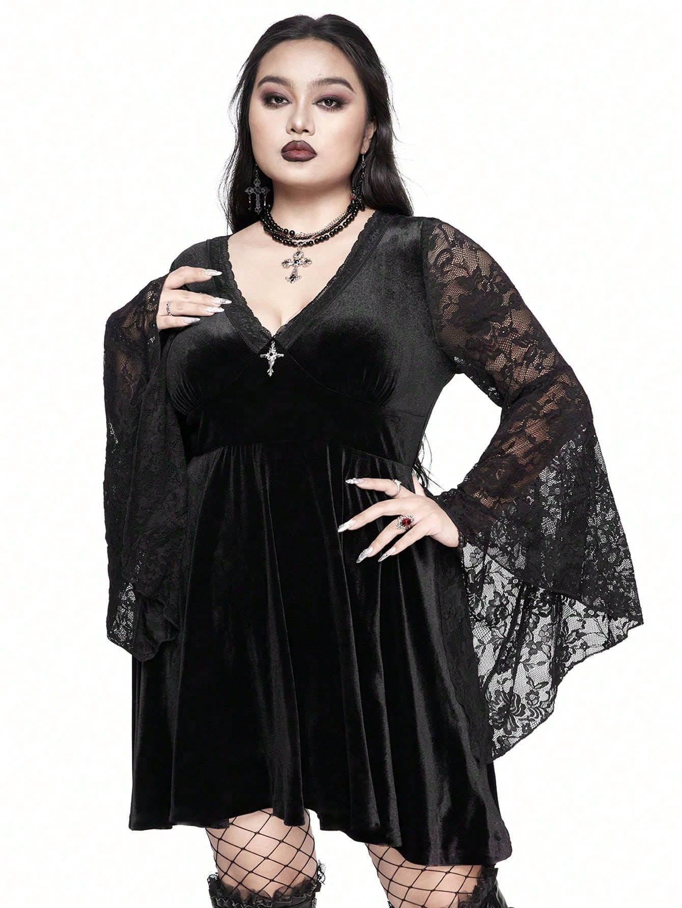 Goth Goth Style Velvet & Contrast Lace Flare Sleeve Cross Metal Decor Bodycon Plus Size Dress, For Winter, For New Year