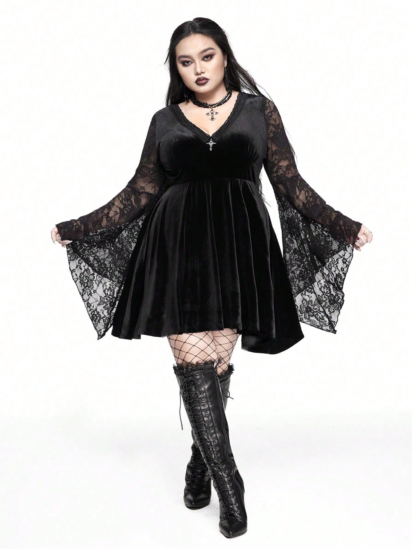 Goth Goth Style Velvet & Contrast Lace Flare Sleeve Cross Metal Decor Bodycon Plus Size Dress, For Winter, For New Year