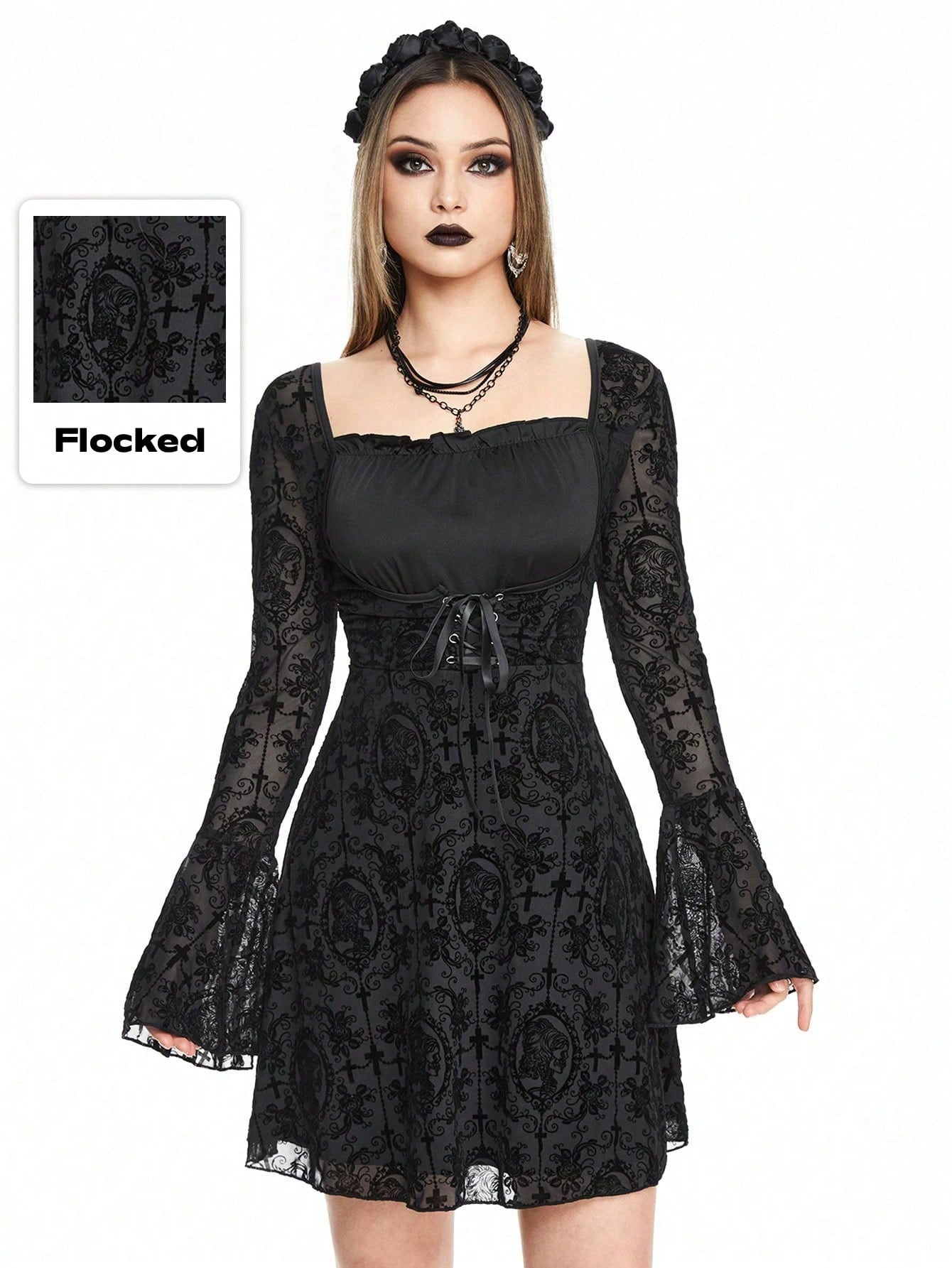 Goth Vintage Gothic Palace Style Floral & Cross Flocked Off-Shoulder Dress