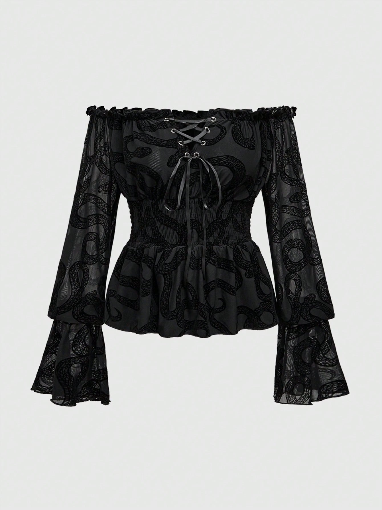 Goth Gothic Palace Style Snake Print Flocked Off-Shoulder Top