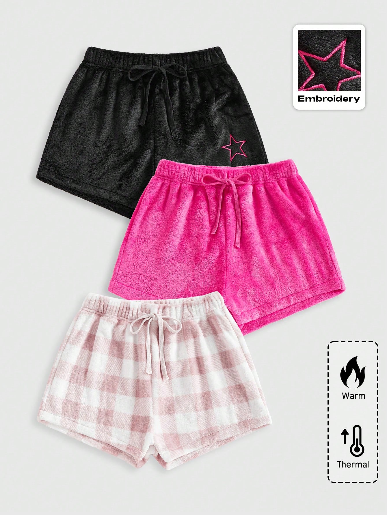 Kawaii Lovely Winter Kawaii Coral Fleece Warm Fluffy Contrast Color Embroidered Star Plaid Pajama Bottoms Shorts