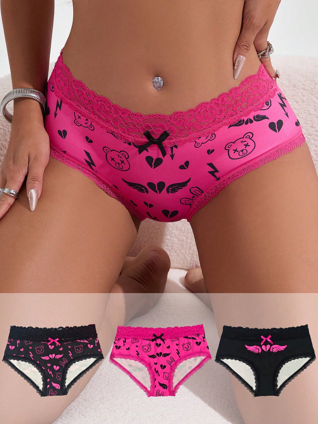 Kawaii 3pcs Ladies' Lace Patchwork Underwear Set
