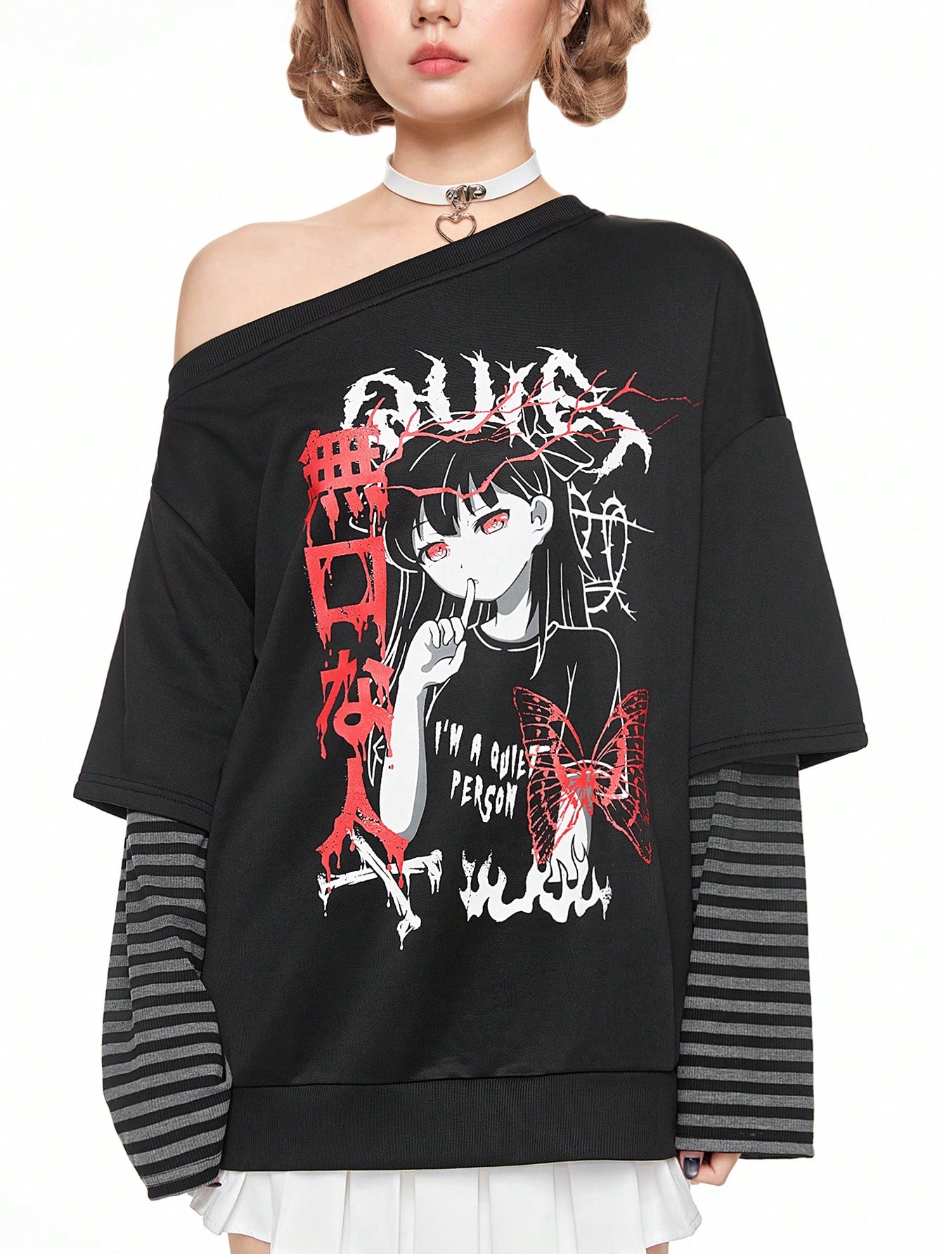 Anime Women's Cartoon Pattern Oblique Shoulder Splicing Sweatshirt